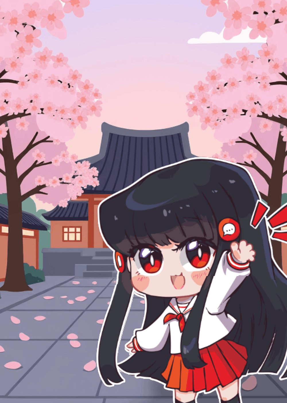 Ilustracja w stylu anime przedstawia postać w szkolnym mundurku, unoszącą rękę w radosnym geście. W tle widoczna jest tradycyjna azjatycka architektura oraz kwitnące na różowo drzewa wiśni ze spadającymi płatkami.