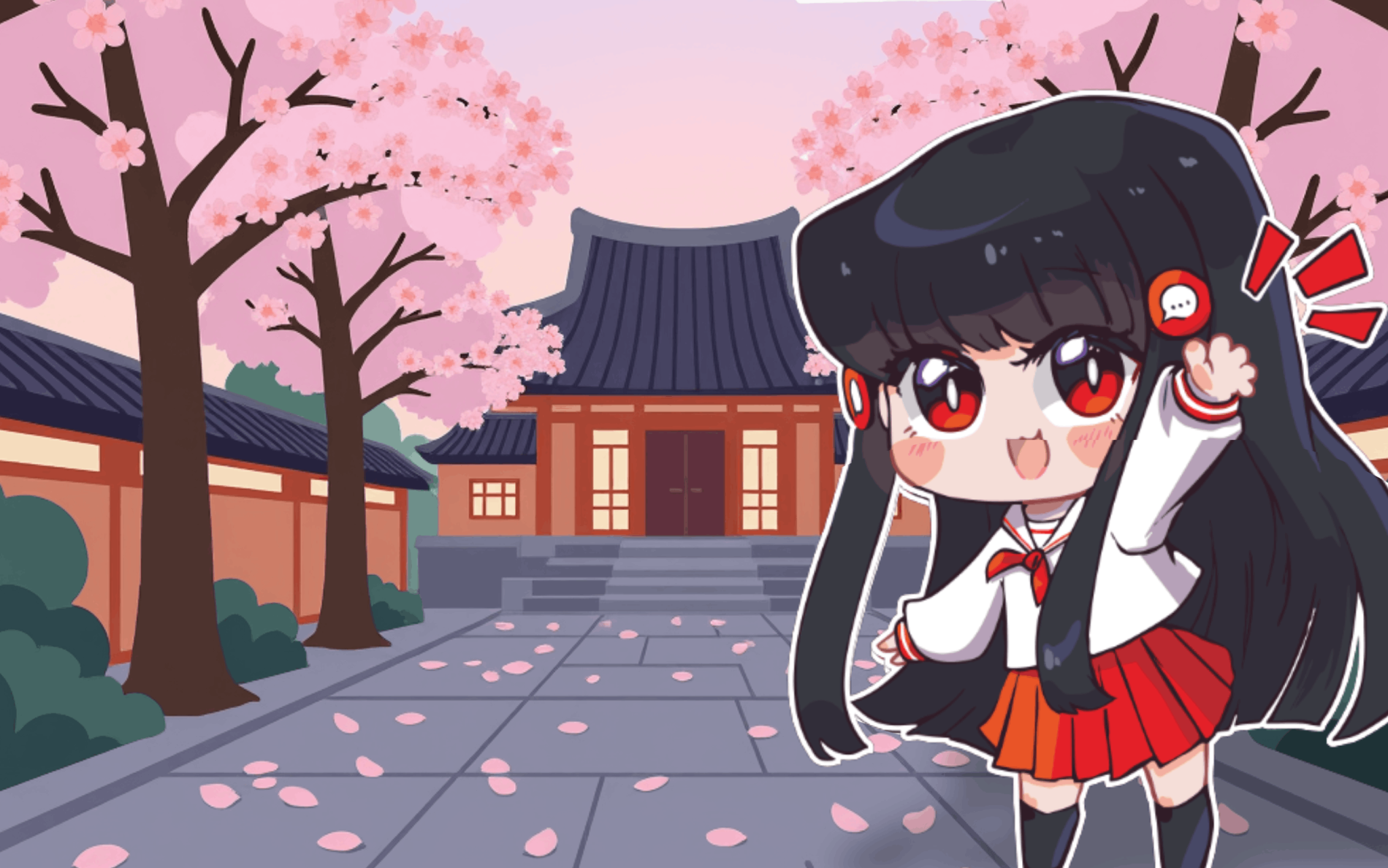 Ilustracja w stylu anime przedstawia postać w szkolnym mundurku, unoszącą rękę w radosnym geście. W tle widoczna jest tradycyjna azjatycka architektura oraz kwitnące na różowo drzewa wiśni ze spadającymi płatkami.