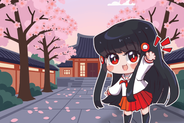 Ilustracja w stylu anime przedstawia postać w szkolnym mundurku, unoszącą rękę w radosnym geście. W tle widoczna jest tradycyjna azjatycka architektura oraz kwitnące na różowo drzewa wiśni ze spadającymi płatkami.