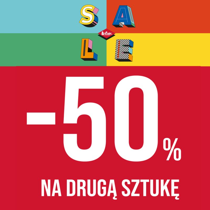 Grafika promocyjna podzielona jest na dwie części: górną z kolorowymi kwadratami tworzącymi napis „SALE” oraz logo marki Lee Cooper. W dolnej, czerwonej części znajduje się duży biały napis informujący o rabacie „-50% NA DRUGĄ SZTUKĘ”.