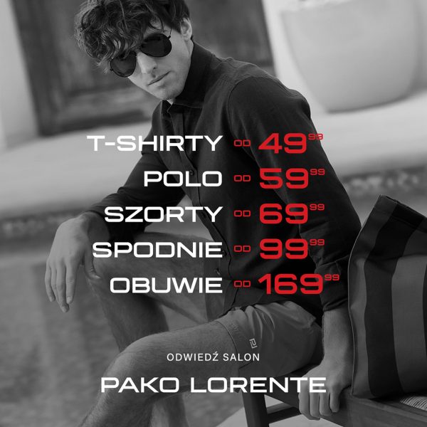Baner promocyjny marki Pako Lorente z cennikiem odzieży męskiej (t-shirty od 49,99 zł, polo od 59,99 zł, szorty od 69,99 zł, spodnie od 99,99 zł, obuwie od 169,99 zł). Na zdjęciu mężczyzna w okularach przeciwsłonecznych, koszuli z długim rękawem i szortach.