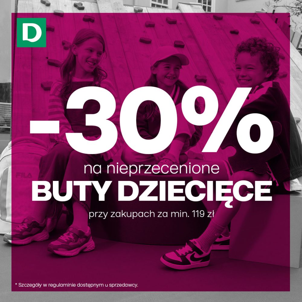 Baner promocyjny marki Deichmann oferujący rabat -30% na nieprzecenione buty dziecięce przy zakupach za min. 119 zł. Na zdjęciu widoczna jest trójka uśmiechniętych dzieci na placu zabaw.