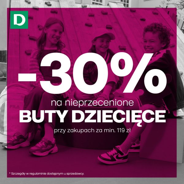 Baner promocyjny marki Deichmann oferujący rabat -30% na nieprzecenione buty dziecięce przy zakupach za min. 119 zł. Na zdjęciu widoczna jest trójka uśmiechniętych dzieci na placu zabaw.