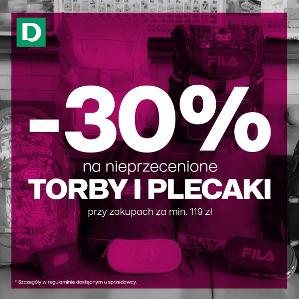 Baner promocyjny Deichmann z rabatem -30% na nieprzecenione torby i plecaki przy zakupach za min. 119 zł. Na zdjęciu widoczne są plecaki, worki oraz piórniki marek Fila i Skechers.