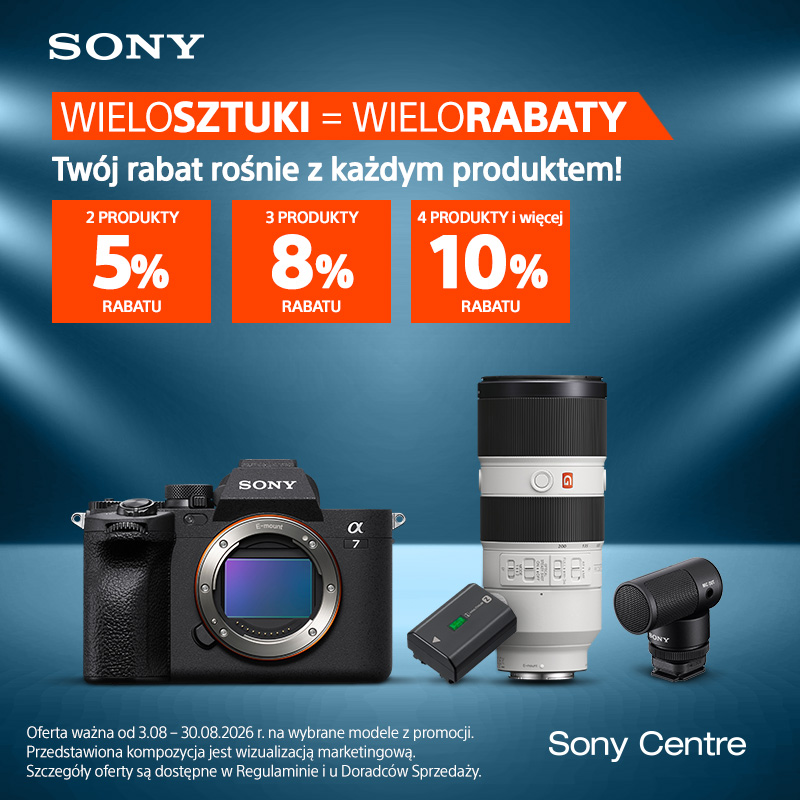 Baner promocyjny Sony Centre z hasłem „Wielosztuki = Wielorabaty”. Oferta obejmuje rabat 5% przy 2 produktach, 8% przy 3 oraz 10% przy 4 lub więcej. Na zdjęciu widoczny jest aparat Sony Alpha 7, obiektyw, akumulator i mikrofon.