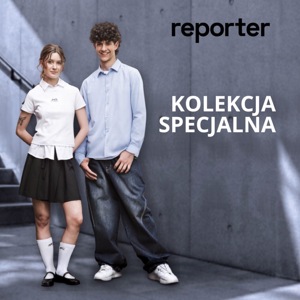 Zdjęcie promocyjne marki Reporter przedstawiające dwoje nastolatków w ubraniach z kolekcji specjalnej na tle betonowej ściany i schodów.