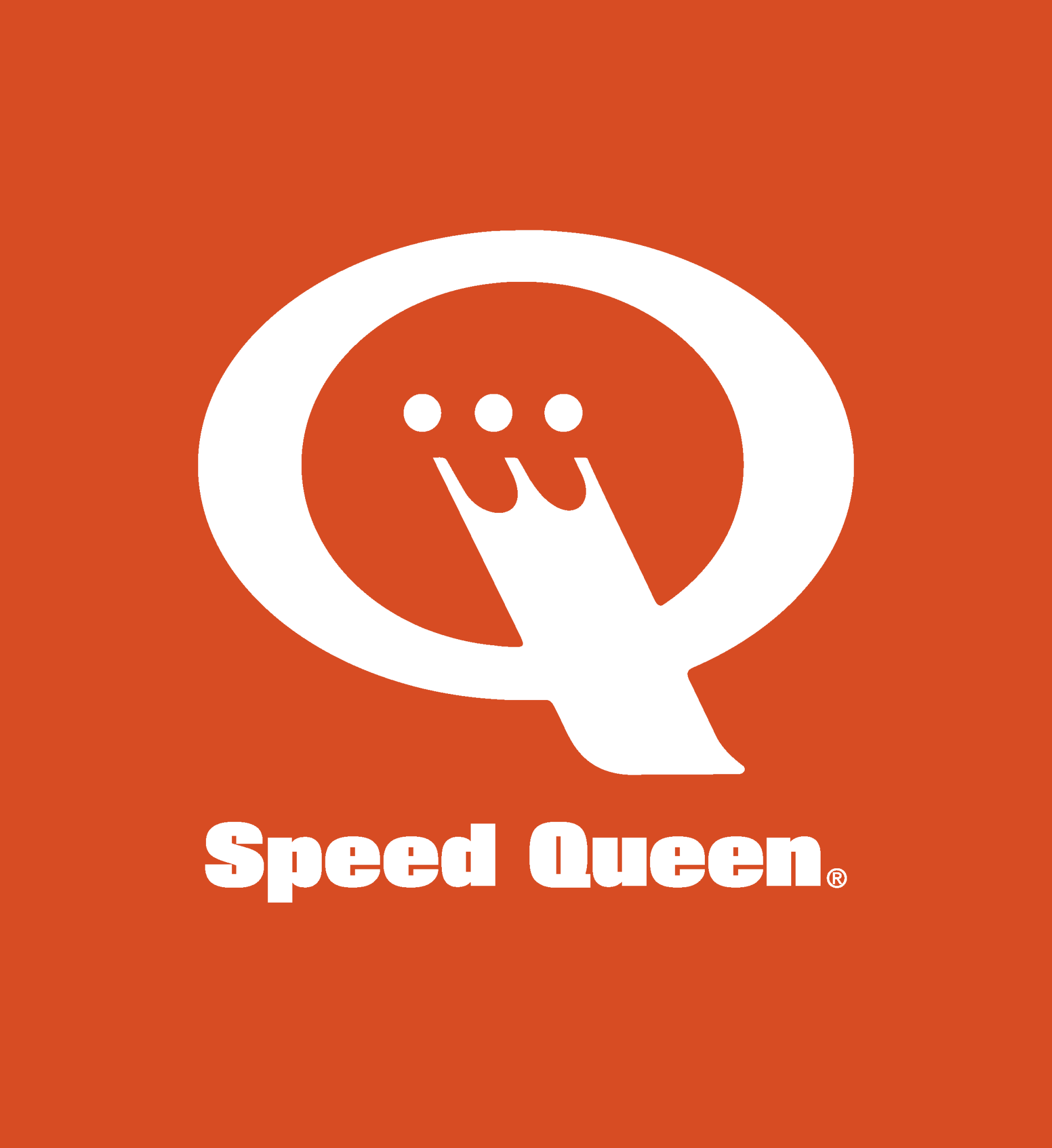 Białe logo Speed Queen na czerwonym tle z napisem Speed Queen