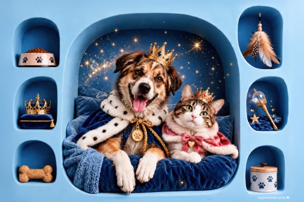Kolorowa grafika promocyjna akcji adopcyjnej „Szuka domu”, przedstawiająca psa i kota w stylizacjach królewskich. W centralnej części, na niebieskim posłaniu otoczonym ścianą z wnękami, siedzą uśmiechnięty pies oraz czarno-biały kot, oba ozdobione złotymi koronami i pelerynami. W bocznych wnękach znajdują się akcesoria dla zwierząt, takie jak miska z karmą, zabawki i smakołyki.