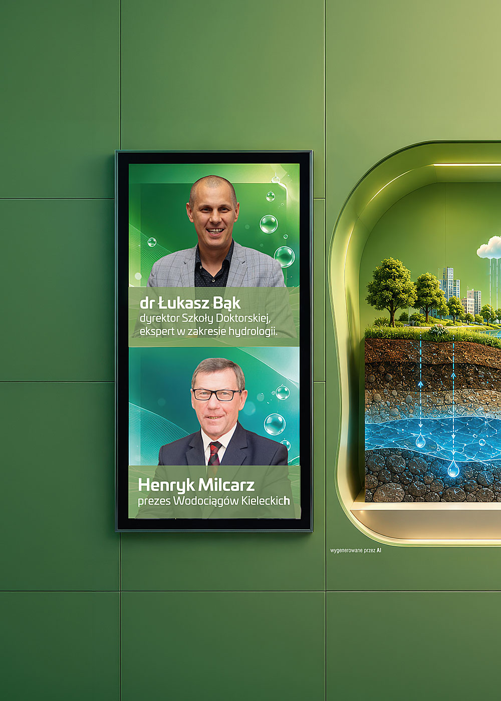 Grafika informacyjna wydarzenia naukowego poświęconego bezpieczeństwu wodnemu. Po lewej stronie znajdują się zdjęcia i podpisy ekspertów: dr. Łukasza Bąka (dyrektora Szkoły Doktorskiej, eksperta w zakresie hydrologii) oraz Henryka Milcarza (prezesa Wodociągów Kieleckich). Po prawej stronie przedstawiono schemat 3D z zielonym miastem, chmurą deszczową oraz przekrojem geologicznym gleby ilustrującym obieg wody.
