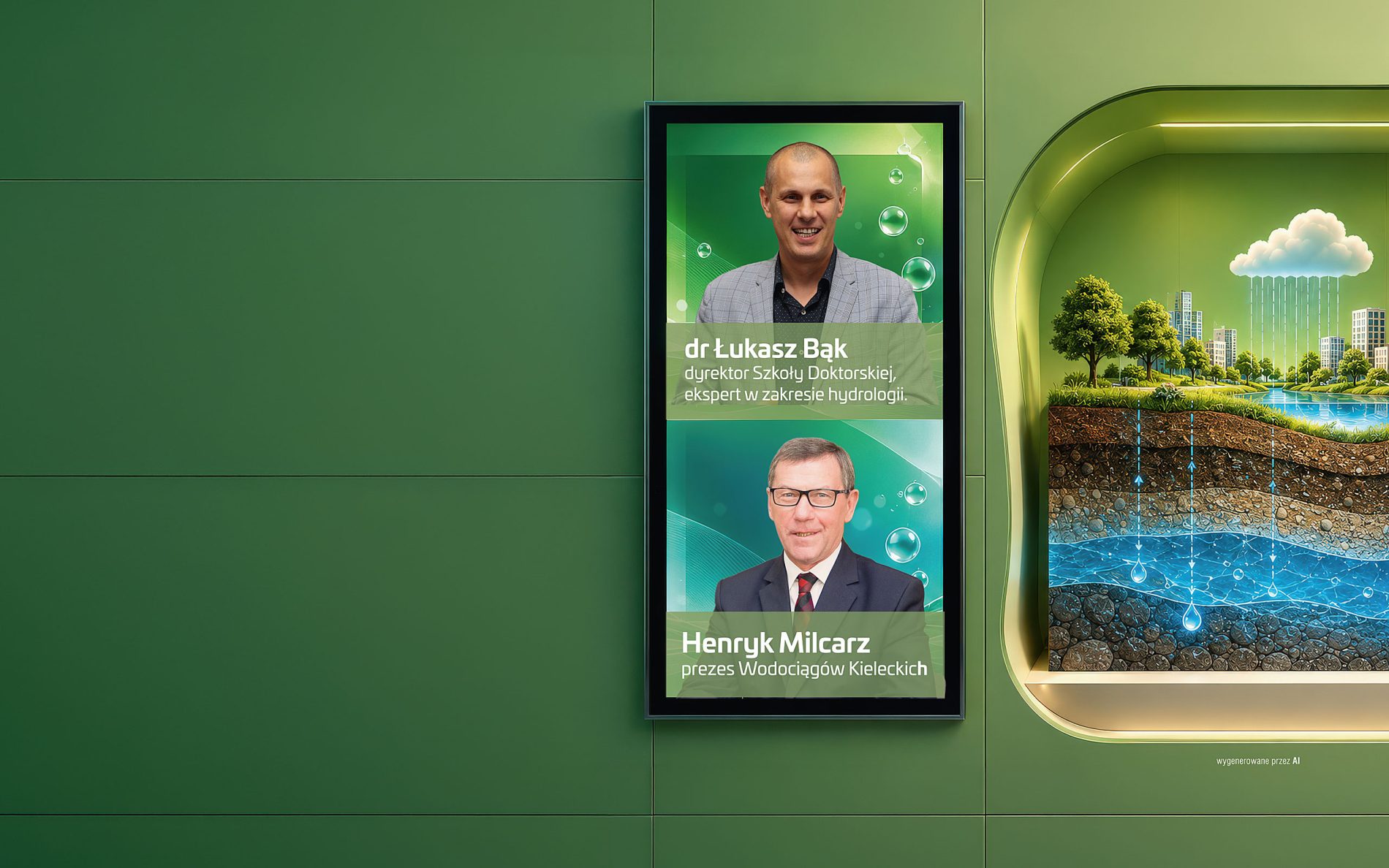 Grafika informacyjna wydarzenia naukowego poświęconego bezpieczeństwu wodnemu. Po lewej stronie znajdują się zdjęcia i podpisy ekspertów: dr. Łukasza Bąka (dyrektora Szkoły Doktorskiej, eksperta w zakresie hydrologii) oraz Henryka Milcarza (prezesa Wodociągów Kieleckich). Po prawej stronie przedstawiono schemat 3D z zielonym miastem, chmurą deszczową oraz przekrojem geologicznym gleby ilustrującym obieg wody.