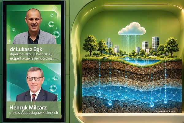 Grafika informacyjna wydarzenia naukowego poświęconego bezpieczeństwu wodnemu. Po lewej stronie znajdują się zdjęcia i podpisy ekspertów: dr. Łukasza Bąka (dyrektora Szkoły Doktorskiej, eksperta w zakresie hydrologii) oraz Henryka Milcarza (prezesa Wodociągów Kieleckich). Po prawej stronie przedstawiono schemat 3D z zielonym miastem, chmurą deszczową oraz przekrojem geologicznym gleby ilustrującym obieg wody.
