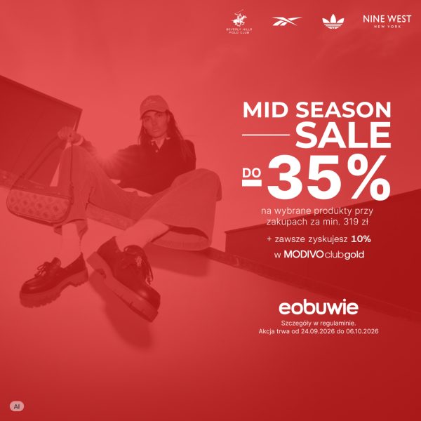 Grafika promocyjna eobuwie informująca o wyprzedaży „MID SEASON SALE” z rabatem do -35% na wybrane produkty przy zakupach za min. 319 zł oraz dodatkowymi korzyściami w MODIVO club. Akcja trwa od 24.09.2026 do 06.10.2026 r. Całość utrzymana jest w czerwonej tonacji, a w tle widać siedzącą modelkę w czapce z daszkiem i masywnych butach. W górnej części widoczne są logotypy marek partnerskich, takich jak Beverly Hills Polo Club, Reebok, Adidas czy Nine West.