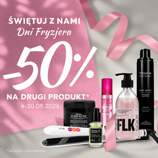 Grafika promocyjna sieci Fale Loki Koki z okazji Dni Fryzjera pod hasłem „ŚWIĘTUJ Z NAMI Dni Fryzjera -50% NA DRUGI PRODUKT*” w dniach 4–30.09.2026 r. Na różowo-szarym tle wyeksponowano profesjonalne produkty i akcesoria fryzjerskie, m.in. maskę Davines OI Hair Butter, olejek Rica Opuntia Oil, spray Reset My Hair, szampon FLK Smooth Gloss, lakier Touch Hot Shot oraz prostownicę Fale Loki Koki N° 101, przewiązane ozdobną, różową wstążką.
