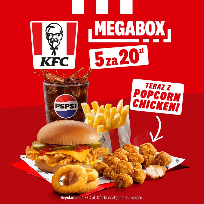 Czerwona kwadratowa grafika promocyjna sieci KFC przedstawiająca zestaw MEGABOX w ofercie 5 za 20 zł. Na zdjęciu widoczny jest burger z kurczakiem, serem i ogórkiem, porcja frytek, krążki cebulowe, kubek Pepsi z Wielką Dolewką oraz chrupiące kąski Popcorn Chicken z białą strzałką i napisem TERAZ Z POPCORN CHICKEN!. W górnej części umieszczono logo KFC oraz napis MEGABOX 5 za 20 zł.