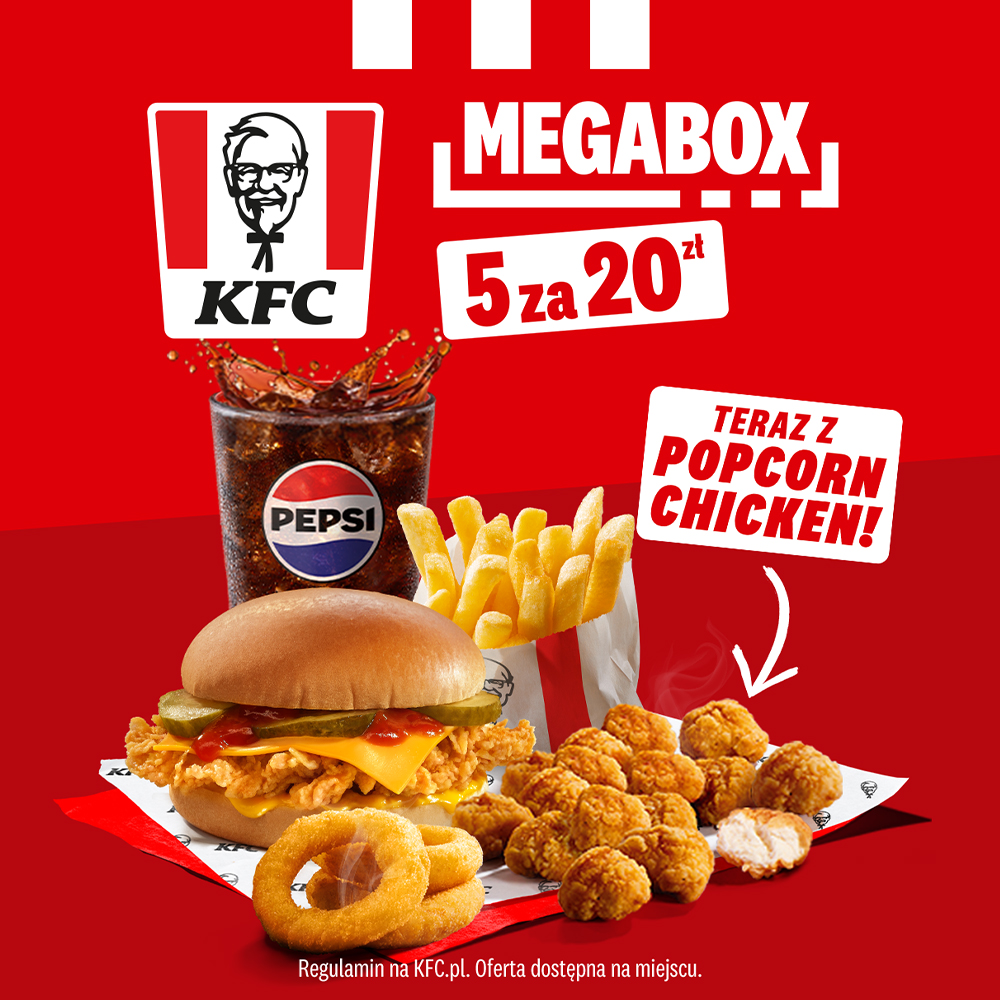Czerwona kwadratowa grafika promocyjna sieci KFC przedstawiająca zestaw MEGABOX w ofercie 5 za 20 zł. Na zdjęciu widoczny jest burger z kurczakiem, serem i ogórkiem, porcja frytek, krążki cebulowe, kubek Pepsi z Wielką Dolewką oraz chrupiące kąski Popcorn Chicken z białą strzałką i napisem TERAZ Z POPCORN CHICKEN!. W górnej części umieszczono logo KFC oraz napis MEGABOX 5 za 20 zł.