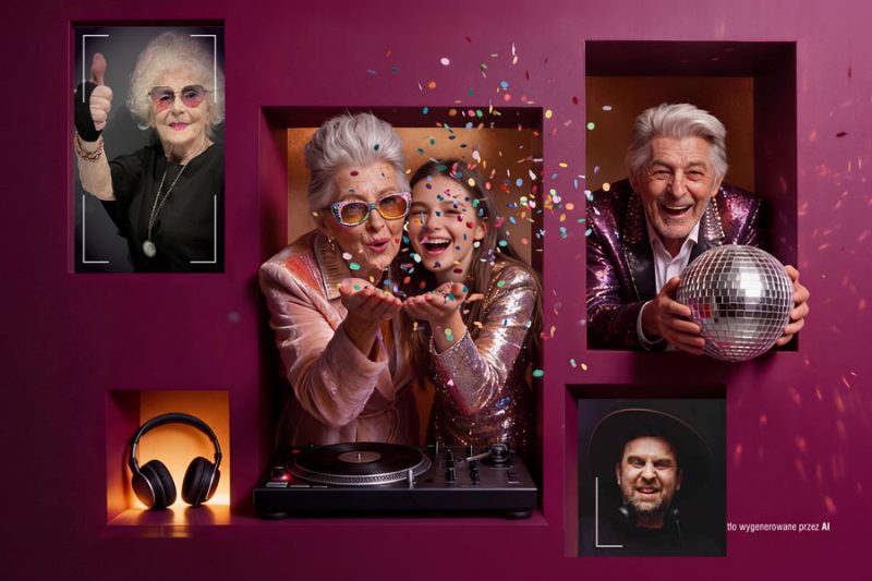 Grafika promocyjna wydarzenia „Potańcówki z DJ Wiką” na bordowym tle z wnękami w formie kolażu. W centralnej części starsza kobieta w stylowych okularach i młodsza dziewczyna wspólnie dmuchają kolorowe konfetti nad gramofonem. W lewym górnym rogu widać seniorkę w okularach pokazującą kciuk w górę, w lewym dolnym słuchawki DJ-skie, w prawym górnym uśmiechniętego mężczyznę w błyszczącej marynarce trzymającego kulę dyskotekową, a w prawym dolnym portret mężczyzny w kapeluszu.