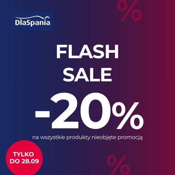 Grafika promocyjna marki DlaSpania informująca o wyprzedaży „FLASH SALE” z rabatem -20% na wszystkie produkty nieobjęte promocją. Oferta ważna jest tylko do 28.09, co zaznaczono na czerwonym okrągłym badge'u w dolnym lewym rogu. Całość osadzona jest na granatowo-bordowym tle z subtelnymi symbolami procentów, a w lewym górnym rogu widoczne jest logo marki.