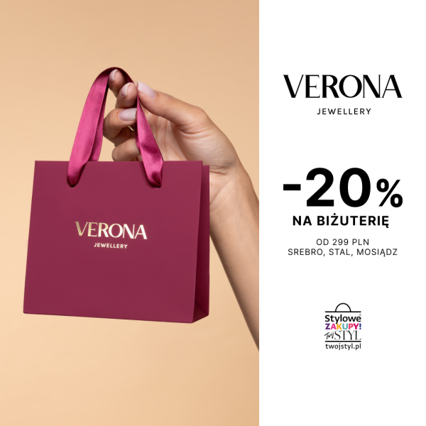 Grafika promocyjna marki Verona Jewellery z okazji akcji „Stylowe Zakupy” informująca o rabacie -20% na biżuterię z kategorii srebro, stal i mosiądz przy zakupach od 299 PLN. Po lewej stronie widoczna jest dłoń trzymająca bordową małą torbę zakupową z logo marki. W prawym górnym rogu znajduje się logo Verona Jewellery, a w prawym dolnym logo akcji „Stylowe Zakupy” i twojstyl.pl.