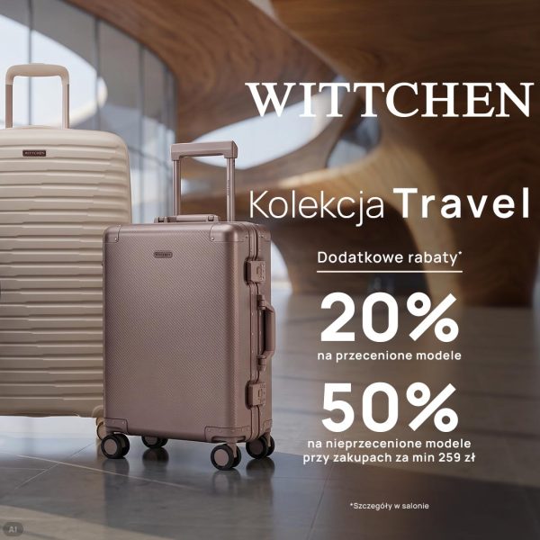 Grafika promocyjna marki Wittchen prezentująca kolekcję Travel. Na zdjęciu widoczne są dwie eleganckie walizki podróżne w jasnym i różowozłotym odcieniu ustawione na tle nowoczesnego wnętrza. Informacja o rabatach obejmuje 20% zniżki na przecenione modele oraz 50% zniżki na nieprzecenione modele przy zakupach za min. 259 zł. W dolnej części znajduje się adnotacja o szczegółach dostępnych w salonie.