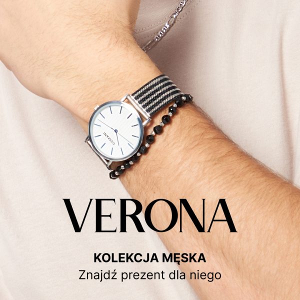 Zdjęcie wizerunkowe męskiej kolekcji biżuterii i zegarków marki Verona pod hasłem „Znajdź prezent dla niego”. Na męskim nadgarstku widoczny jest elegancki zegarek z jasną tarczą i czarno-białym, wzorzystym paskiem oraz towarzysząca mu czarna bransoletka z koralików. W dolnej części grafiki znajduje się duże, czarne logo „VERONA”.