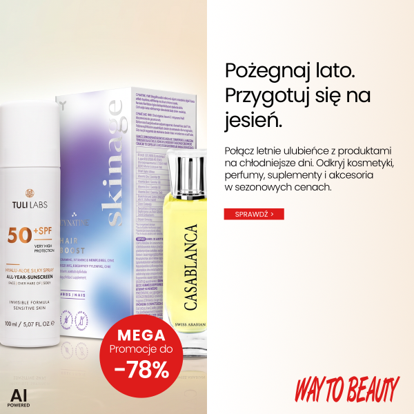 Grafika promocyjna marki Way to Beauty z jesienną kampanią pod hasłem „Pożegnaj lato. Przygotuj się na jesień.” Na jasnym tle widoczne są butelki i opakowania kosmetyków (m.in. spray z filtrem SPF Tuli Labs, Skinage Hair Boost oraz perfumy Casablanca), a na czerwonym okrągłym elemencie umieszczono informację „MEGA Promocje do -78%”. Po prawej stronie znajduje się czerwony przycisk z napisem „SPRAWDŹ >” oraz logo marki Way to Beauty.