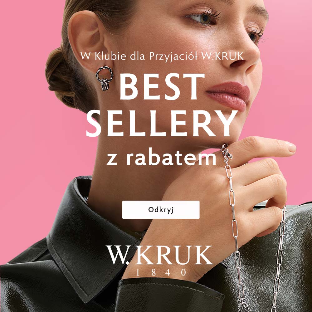 Zdjęcie wizerunkowe marki W.KRUK przedstawiające kobietę w ciemnej, skórzanej kurtce prezentującą biżuterię. Na różowym tle umieszczono napisy informujące o ofercie: „W Klubie dla Przyjaciół W.KRUK BESTSELLERY z rabatem”, biały przycisk z napisem „Odkryj” oraz klasyczne logo „W.KRUK 1840”.