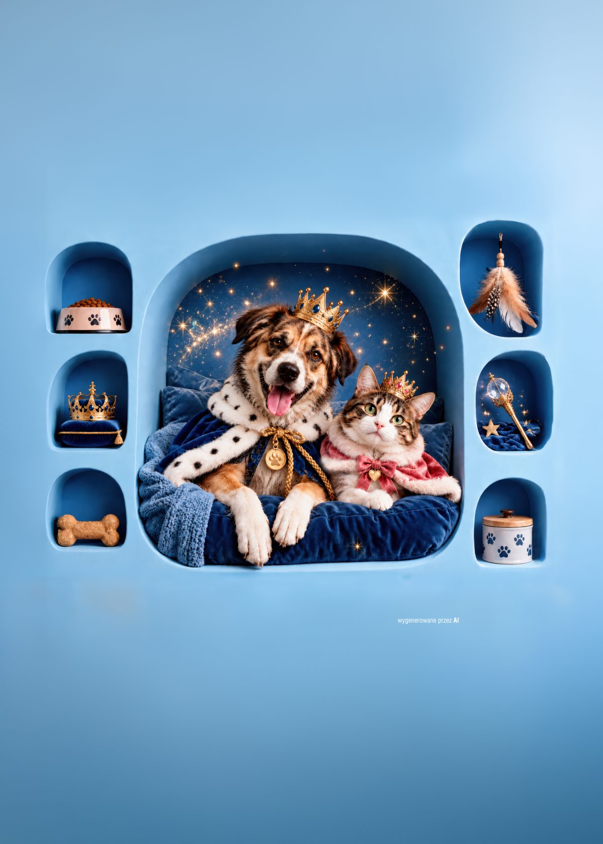 Kolorowa grafika promocyjna akcji adopcyjnej „Szuka domu”, przedstawiająca psa i kota w stylizacjach królewskich. W centralnej części, na niebieskim posłaniu otoczonym ścianą z wnękami, siedzą uśmiechnięty pies oraz czarno-biały kot, oba ozdobione złotymi koronami i pelerynami. W bocznych wnękach znajdują się akcesoria dla zwierząt, takie jak miska z karmą, zabawki i smakołyki.