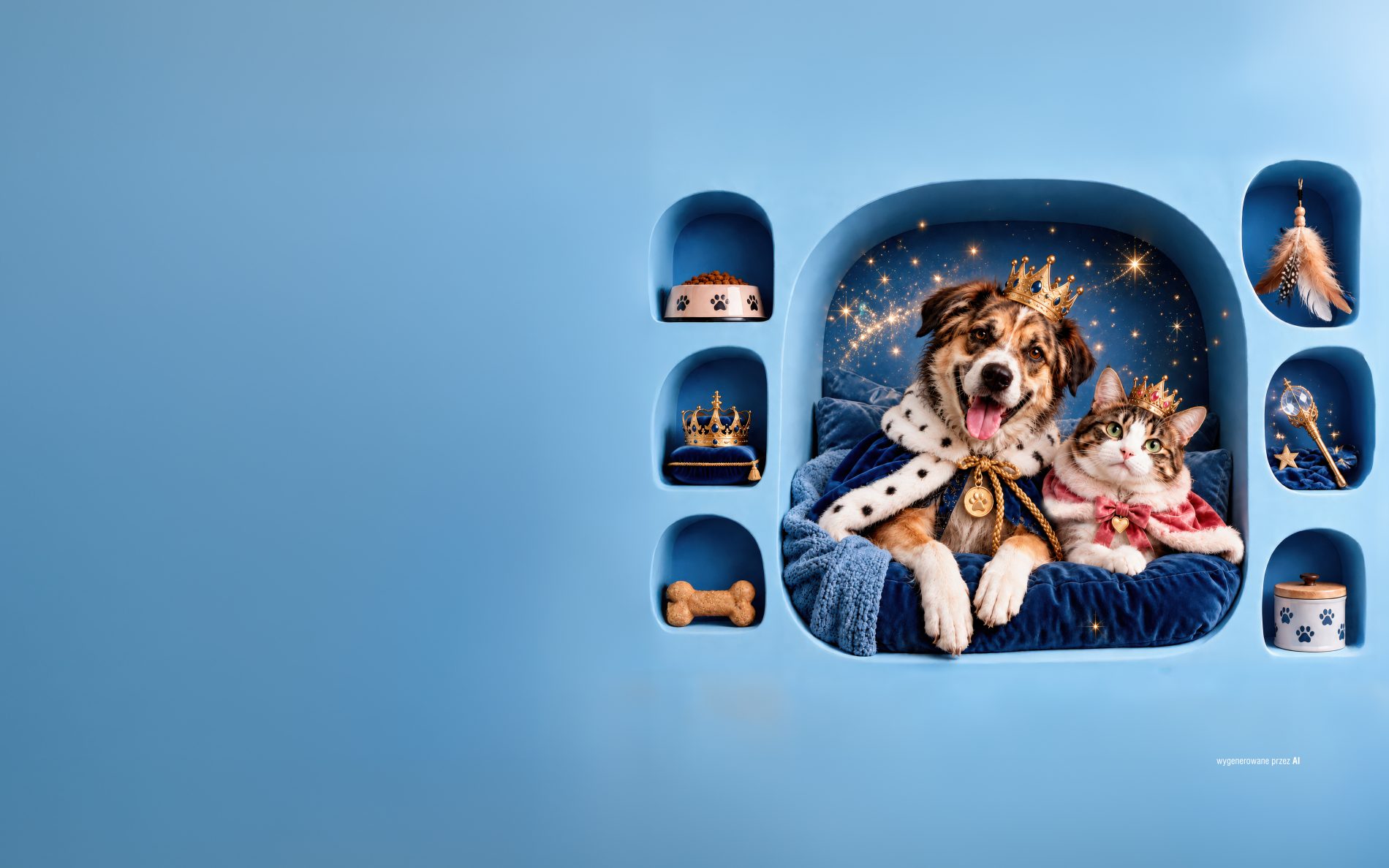 Kolorowa grafika promocyjna akcji adopcyjnej „Szuka domu”, przedstawiająca psa i kota w stylizacjach królewskich. W centralnej części, na niebieskim posłaniu otoczonym ścianą z wnękami, siedzą uśmiechnięty pies oraz czarno-biały kot, oba ozdobione złotymi koronami i pelerynami. W bocznych wnękach znajdują się akcesoria dla zwierząt, takie jak miska z karmą, zabawki i smakołyki.