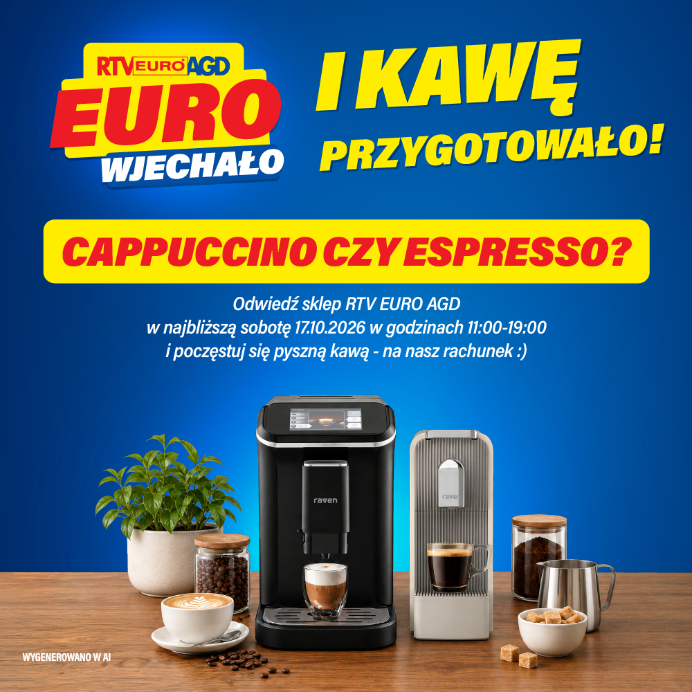 Grafika promocyjna sieci RTV EURO AGD zapraszająca na degustację kawy i prezentację sprzętu marki Raven. Na niebieskim tle umieszczono żółto-białe napisy: „EURO WJECHAŁO I KAWĘ PRZYGOTOWAŁO!” oraz pytanie „CAPPUCCINO CZY ESPRESSO?”. Poniżej podano szczegóły wydarzenia: „Odwiedź sklep RTV EURO AGD w najbliższą sobotę 17.10.2026 w godzinach 11:00-19:00 i poczęstuj się pyszną kawą - na nasz rachunek :)”. W dolnej części na drewnianym blacie zaprezentowano dwa ekspresy do kawy marki Raven (czarny ciśnieniowy oraz szary kapsułkowy), filiżanki z kawą, słoiki z ziarnami i mieloną kawą, dzbanek na mleko, brązowy cukir w kostkach oraz zieloną roślinę w doniczce. W lewym dolnym rogu widnieje dopisek „WYGENEROWANO W AI”.