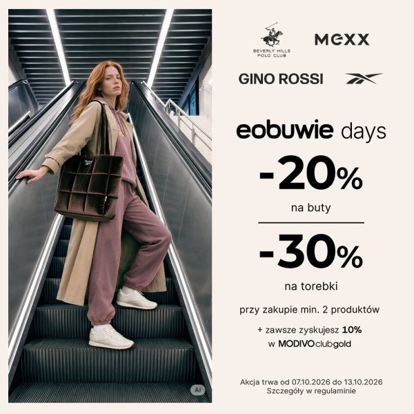 Grafika promocyjna akcji „eobuwie days” w Centrum Galaxy. Po lewej stronie na zdjęciu widoczna jest ruda modelka w beżowym trenczu, różowym dresie i białych sneakersach, stojąca na ruchomych schodach i trzymająca ciemnobrązową, pikowaną torbę. W prawym górnym rogu umieszczono logo marek takich jak Beverly Hills Polo Club, Mexx, Gino Rossi oraz Reebok. W prawej części na jasnym tle znajdują się napisy informujące o promocji: „eobuwie days”, rabat „-20% na buty” oraz „-30% na torebki” przy zakupie minimum dwóch produktów, a także dodatkowa informacja o 10% zysku w MODIVOclubgold. Na samym dole zamieszczono termin obowiązywania akcji od 07.10.2026 do 13.10.2026 oraz informację o regulaminie.