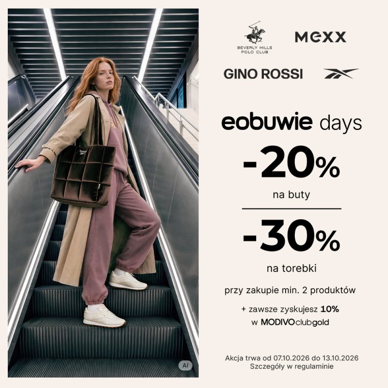 Grafika promocyjna akcji „eobuwie days” w Centrum Galaxy. Po lewej stronie na zdjęciu widoczna jest ruda modelka w beżowym trenczu, różowym dresie i białych sneakersach, stojąca na ruchomych schodach i trzymająca ciemnobrązową, pikowaną torbę. W prawym górnym rogu umieszczono logo marek takich jak Beverly Hills Polo Club, Mexx, Gino Rossi oraz Reebok. W prawej części na jasnym tle znajdują się napisy informujące o promocji: „eobuwie days”, rabat „-20% na buty” oraz „-30% na torebki” przy zakupie minimum dwóch produktów, a także dodatkowa informacja o 10% zysku w MODIVOclubgold. Na samym dole zamieszczono termin obowiązywania akcji od 07.10.2026 do 13.10.2026 oraz informację o regulaminie.