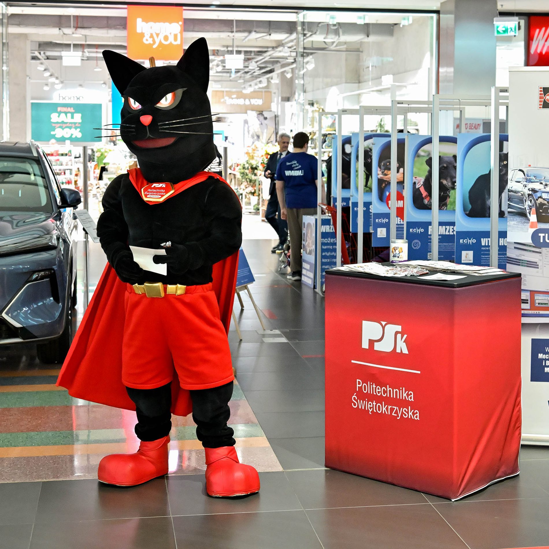 Maskotka czarnego kota w superbohaterskim stroju stojąca obok ladki Politechniki Świętokrzyskiej w Galerii Echo.