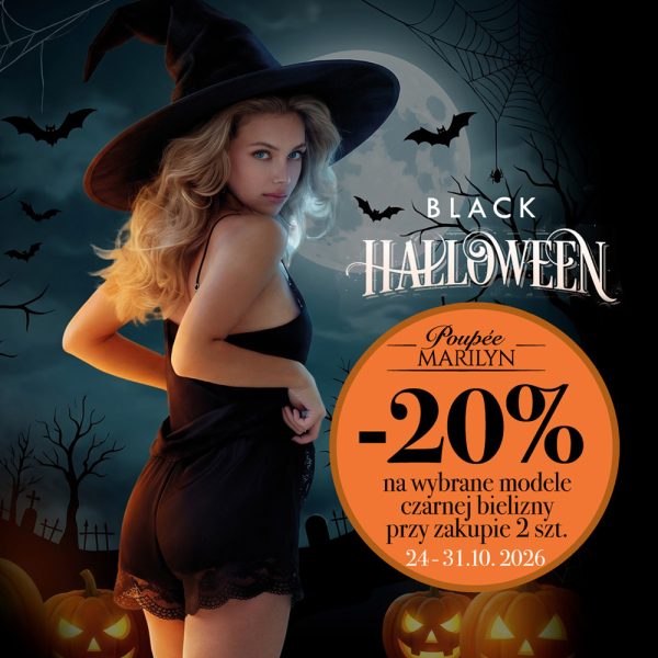 Modelka w czarnym kapeluszu czarownicy i czarnej koszulce z szortami z koronką na tle nocnego, halloweenowego krajobrazu z księżycem, nietoperzami i dyniami, z napisem „Black Halloween” i rabatem -20%