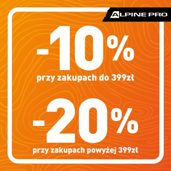 Pomarańczowa grafika promocyjna marki Alpine Pro informująca o rabatach -10% przy zakupach do 399 zł oraz -20% przy zakupach powyżej 399 zł w Galerii Echo w Kielcach
