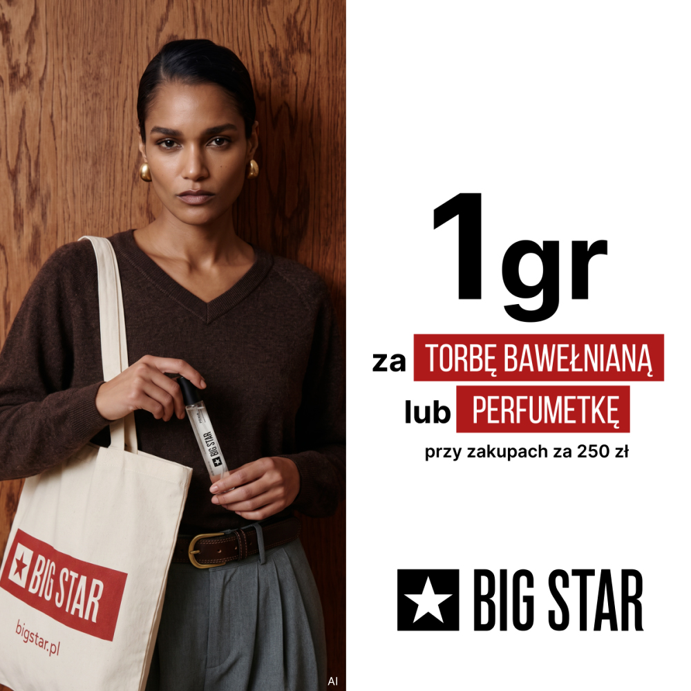 Modelka z płócienną torbą z logo BIG STAR trzymająca perfumetkę na tle drewnianej ściany w grafice promocyjnej dla Galerii Echo w Kielcach