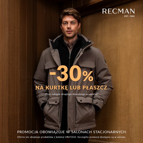 Mężczyzna w beżowej kurtce jesiennej z kolekcji RECMAN prezentujący ofertę -30% na okrycia wierzchnie w salonie Galerii Echo w Kielcach