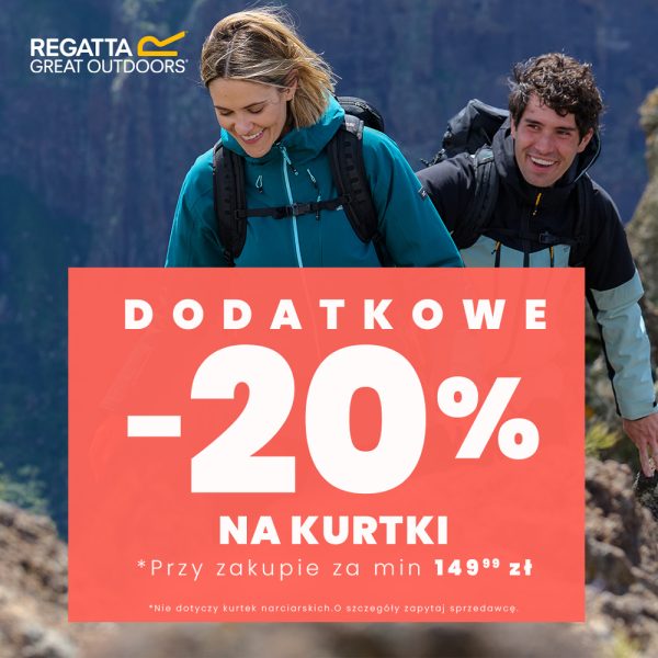 Uśmiechnięta para z plecakami w kurtkach outdoorowych na górskim szlaku, z logo Regatta i napisem „Dodatkowe -20% na kurtki”