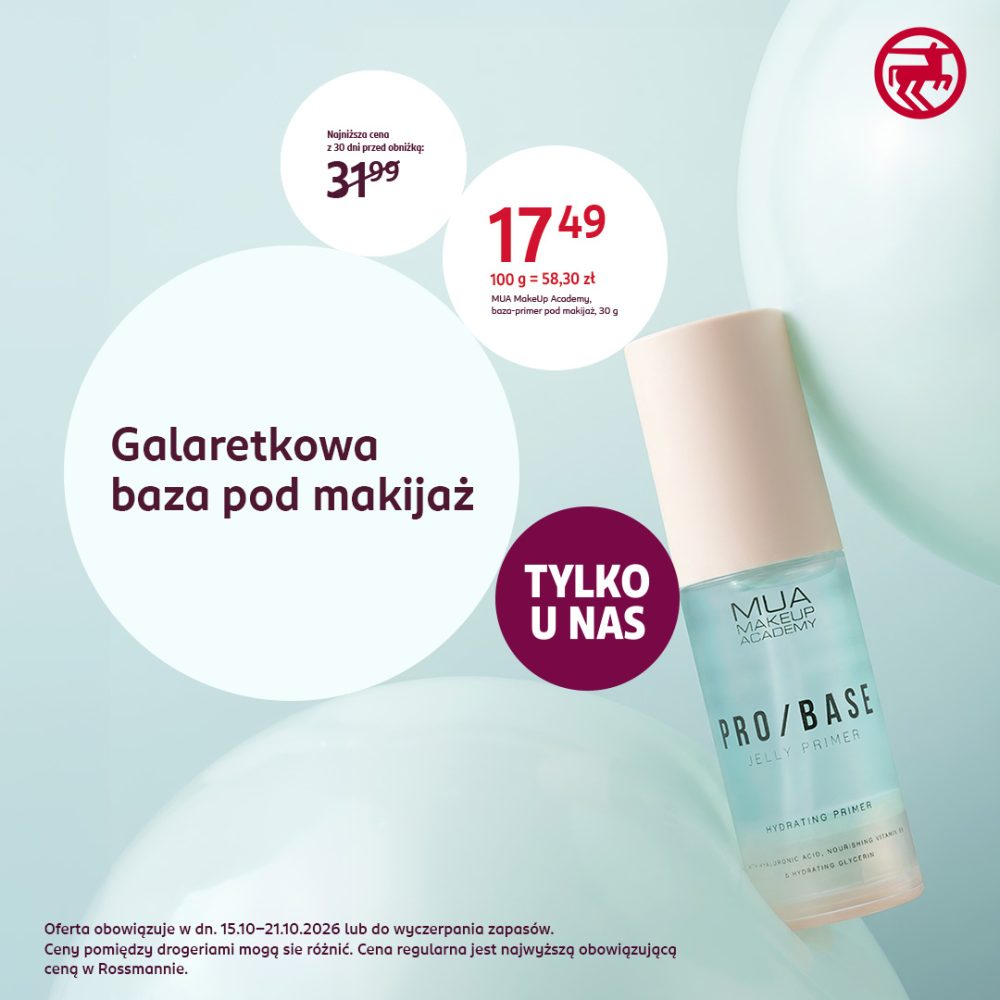 Przezroczysta butelka z niebieską bazą pod makijaż MUA MakeUp Academy na pastelowym błękitnym tle w grafice Tylko U Nas dla drogerii Rossmann w Galerii Echo w Kielcach