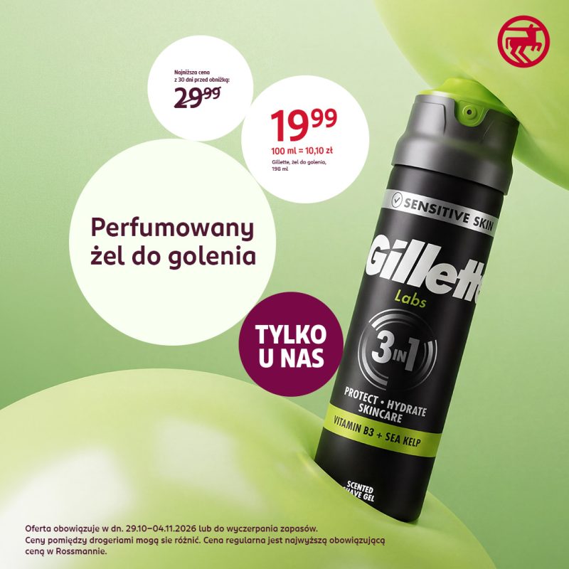 Czarno-zielony pojemnik perfumowanego żelu do golenia Gillette Labs 3w1 Sensitive Skin na jasnozielonym tle, z ceną 19,99 zł, przekreśloną ceną 29,99 zł i hasłem „Tylko u nas”