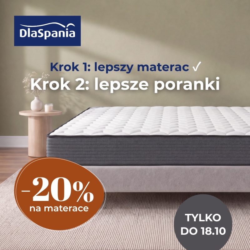 Grafika promocyjna marki DlaSpania informująca o ofercie na materace. W lewym górnym rogu znajduje się niebieskie logo marki „DlaSpania”. W centralnej części na tle sypialni z łóżkiem i stolikiem nocnym umieszczono hasła reklamowe: „Krok 1: lepszy materac” oraz „Krok 2: lepsze poranki”. W lewym dolnym rogu widnieje brązowa elipsa z białym napisem „-20% na materace”, a w prawym dolnym rogu szare koło z informacją „TYLKO DO 18.10”.