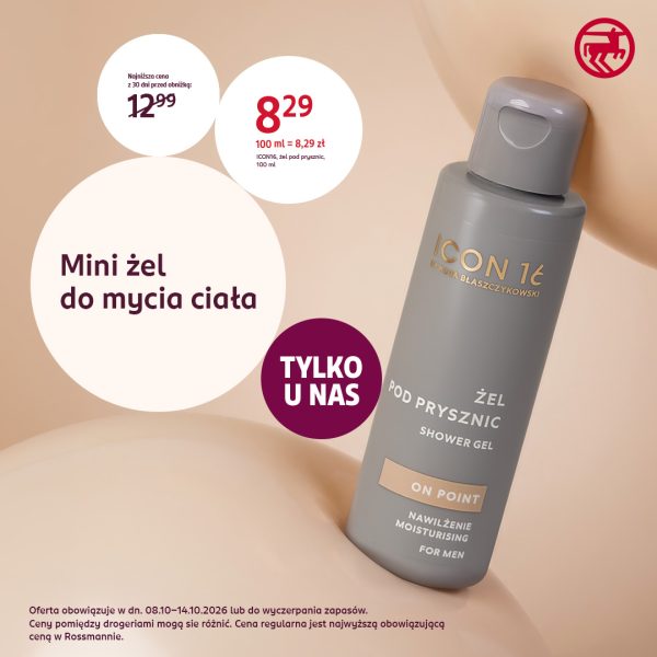 Grafika promocyjna sieci Rossmann prezentująca mini żel pod prysznic dla mężczyzn „ICON 16 by Kuba Błaszczykowski”. Na beżowym tle widoczny jest szary flakon żelu z biało-złotymi napisami, a w centralnej części znajduje się fioletowe koło z hasłem „Tylko u nas” oraz białe bąble informacyjne z cenami i opisem produktu. Cena promocyjna wynosi 8,29 zł, najniższa cena z ostatnich 30 dni przed obniżką to 12,99 zł. U dołu grafiki zamieszczono informację o obowiązywaniu oferty w dniach 08.10–14.10.2026 lub do wyczerpania zapasów oraz warunki cenowe obowiązujące w drogeriach Rossmann.