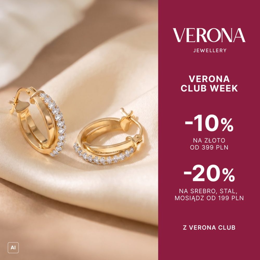 Grafika promocyjna marki Verona Jewellery informująca o akcji „Verona Club Week”. Na lewym tle w odcieniach beżu zaprezentowano parę złotych kolczyków kół wysadzanych drobnymi kamieniami. Po prawej stronie na bordowym tle umieszczono białe napisy z warunkami promocji: „-10% na złoto od 399 PLN”, „-20% na srebro, stal, mosiądz od 199 PLN” oraz informację „Z Verona Club”.